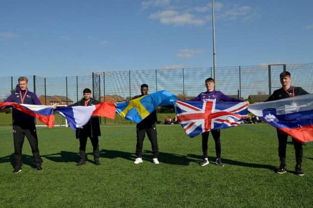 Players Sven Karic, Matt Hunt, Henrich Ravas, Yoann Greco and Fuseine Rashid at Shirebrook Academy.