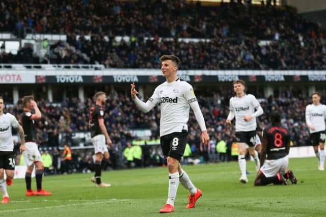 Derby County midfielder Mason MOUNT celebrates after scoring his 3rd goal during the game between Derby County & Bolton Wanderers FC at Pride Park Derby 13-04-19 Image Jez Tighe