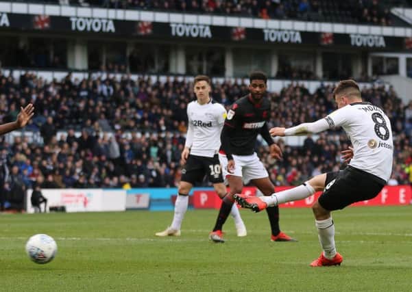 Derby County midfielder Mason MOUNT scores his 3rd gaol during the game between Derby County & Bolton Wanderers FC at Pride Park Derby 13-04-19 Image Jez Tighe