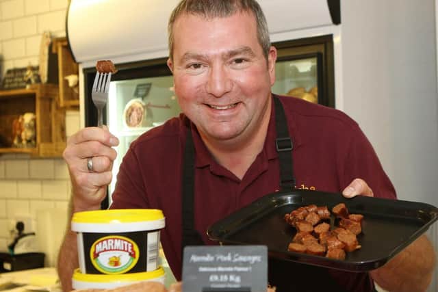 Jake Fleetwood, of Crich Butchers, with his new Marmite sausages.
