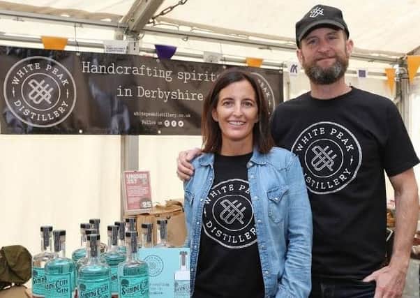 Max and Claire Vaughan of White Peak Distillery, Ambergate, exhibiting in the Inspired by the Peak District & Derbyshire Marketplace last year. Photo by Andrew Eyley.