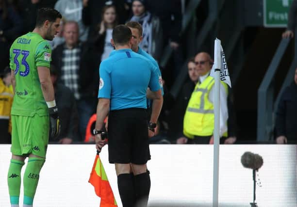 Match referee Craig Pawson consults his assistant during the EFL Championship Play-off 1st Leg game between Derby County & Leeds United FC @ Pride Park Stadium Derby 11-05-19 Image Jez Tighe