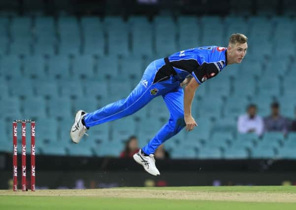 SYDNEY, AUSTRALIA - JANUARY 29: Billy Stanlake of the Strikers bowls during the Big Bash League match between the Sydney Sixers and the Adelaide Strikers at Sydney Cricket Ground on January 29, 2019 in Sydney, Australia. (Photo by Mark Evans/Getty Images)
