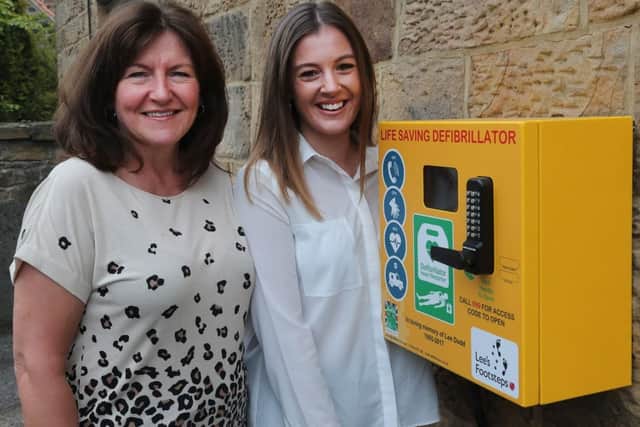 Danielle and Joanne Dodd with the defibrillator they have provided outside the Devonshire Arms in Middle Handley. Picture by Eric Gregory.