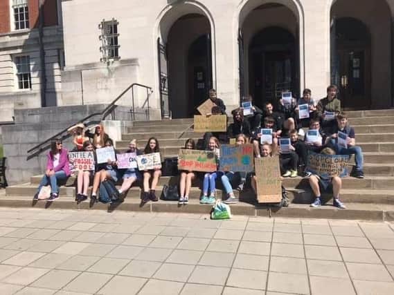 Young climate change protesters outside Chesterfield Town Hall. Picture posted on the Derbyshire Times' Facebook page by Emily Jane Turner.