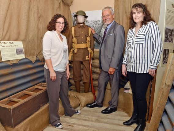 Chesterfield museum launch of trench experience. Maria Barnes museum collections officer, Cllr Steve Bruntchair WW1 commeration group and Alyson Barnes tourism, museums and events manager.