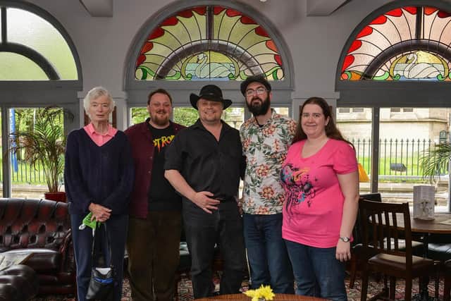 Pictured are tour guides Sam Amos and James Chaplain, tour creator Shaun Stevenson, tour guide Martin Alvey and historian Janet Murphy.