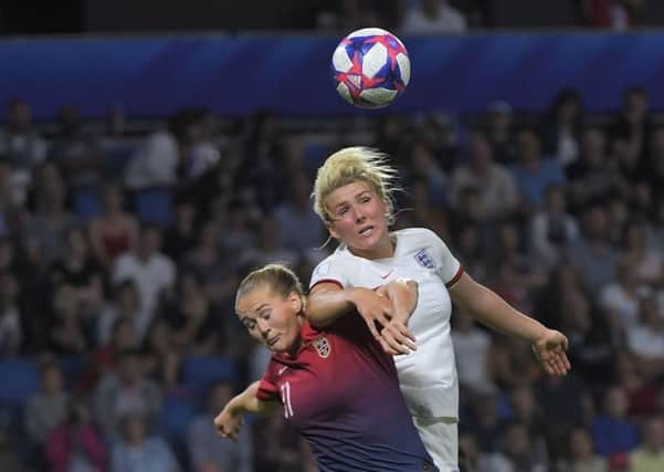 TOPSHOT - Norway's forward Lisa Utland (L) vies with England's defender Millie Bright during the France 2019 Women's World Cup quarter-final football match between Norway and England, on June 27, 2019, at the Oceane stadium in Le Havre, north western France. (Photo by LOIC VENANCE / AFP)        (Photo credit should read LOIC VENANCE/AFP/Getty Images)