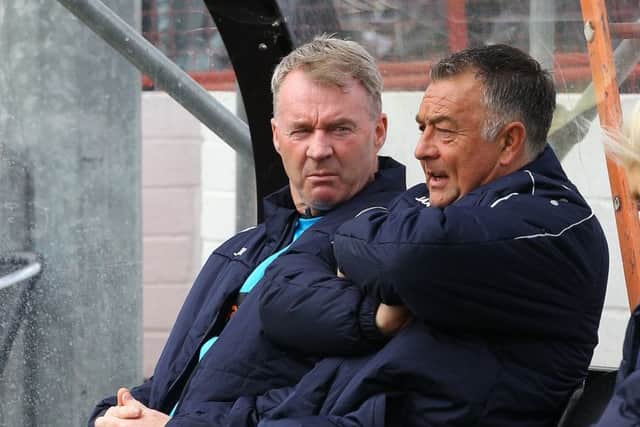 Picture by Gareth Williams/AHPIX.com; Football; Vanarama National League; Maidenhead United v Chesterfield FC; 27/4/2019 KO 15.00; York Road; copyright picture; Howard Roe/AHPIX.com; John Sheridan and Glyn Snodin takes their place in the dugout
