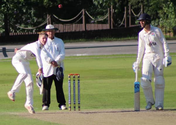 Youngster Marcus Hayes on his way to a five-wicket haul for Chesterfield. (PHOTO BY: Jessica Daffue)
