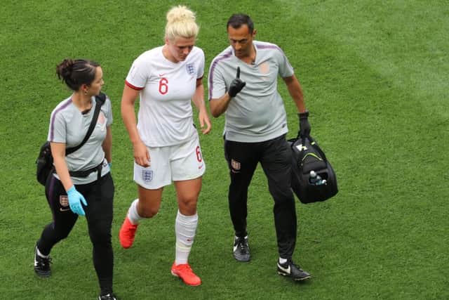 England's defender Millie Bright (C) walks off the pitch  during the France 2019 Women's World Cup Group D football match between England and Scotland, on June 9, 2019, at the Nice Stadium in Nice, southeastern France.   (Photo credit VALERY HACHE/AFP/Getty Images)
