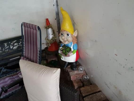 The garden items, including a gnome.