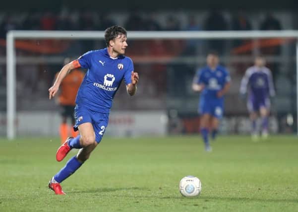 Picture by Shibu Preman / ahpix.com
Football; Season 2018/19; Nation League; Conference premier; Vanarama National League;  Barnet vs Chesterfield;
7:45pm Tuesday ;  26rd February;
The hive stadium;
 chesterfield's Jonathan Smith in action spring up and on a cross 
Copyright picture; 
Howard Roe; 
07973 739229;