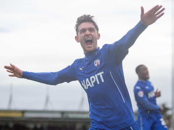 Jay O'Shea celebrating one of his Chesterfield goals (Pic: James Williamson)