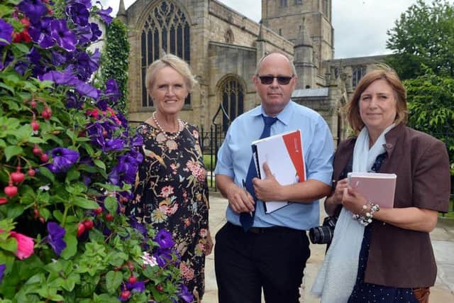 East Midlands in Bloom judges visit Chesterfield. Councillor Jill Mannion-Brunt, Chesterfield Borough Council cabinet member for health and wellbeing, with judges Chris Beal and Caroline Pollard.