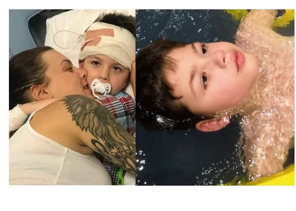 Izac pictured with devoted mum Amy and during hydrotherapy treatment.