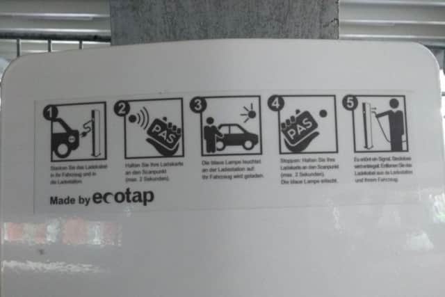 German instructions on an electric vehicle charging point at the new Saltergate multi-storey car park in Chesterfield.