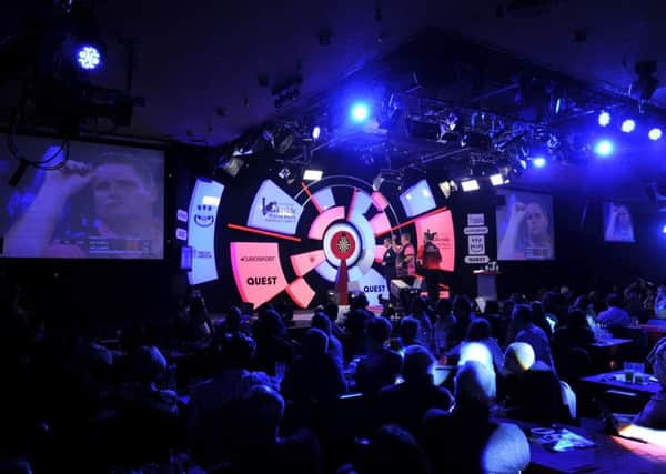 CAMBERLEY, ENGLAND - JANUARY 11: General view inside the venue during the quarter-final match between Scott Mitchell of England and Jim Williams of Wales during Day Seven of the BDO World Darts Championship at Lakeside Country Club on January 11, 2019 in Camberley, England. (Photo by Alex Burstow/Getty Images)