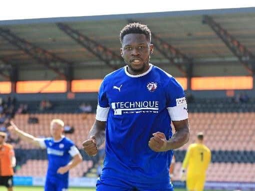 Mike Fondop scored two goals on his debut for the Spireites against Barnet last Saturday.