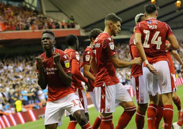 Nottingham Forest midfielder Alfa SEMEDO celebrates after Nottingham Forest midfielder Albert ADOMAH scores during the Carabao Cup game between Nottingham Forest and Derby County at The City Ground Nottingham 27-08-19 Image