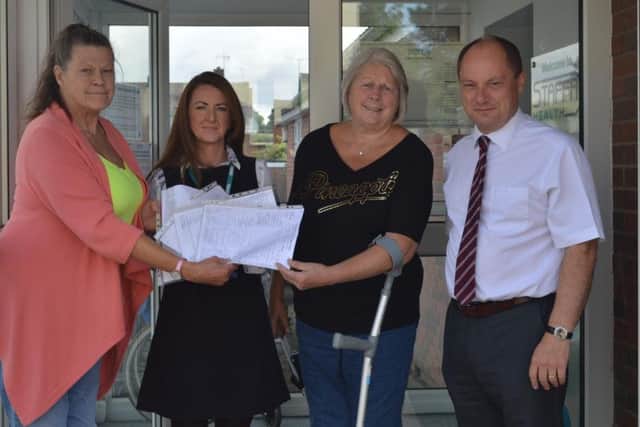 Handing over a petition of 600 names protesting at plans to close Pilsley surgery: Shelia Baldwin, Dr Ruth Cater (Practice Manager for Staffa Health), Wendy Hardwick and Clouncillor Kevin Gillott.