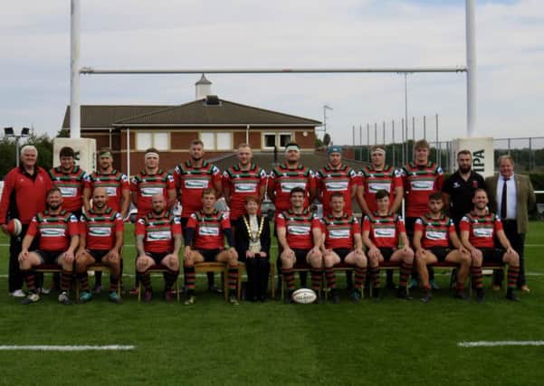 Dronfield Rugby Club line up for the start of their 50th anniversary season.