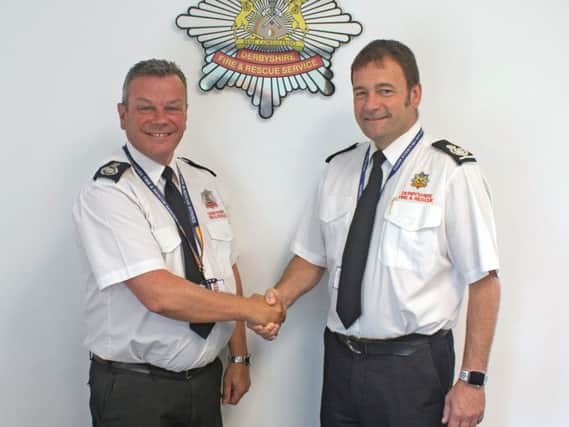 Outgoing Derbyshire Chief Fire Officer, Terry McDermott and incoming Gavin Tomlinson