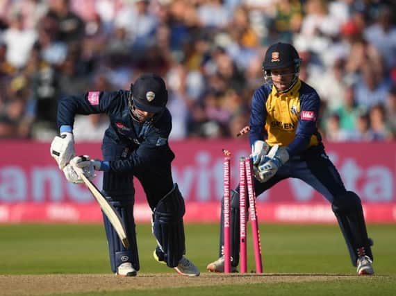 Leus du Plooy of Derbyshire is bowled by Simon Harmer of Essex during the Vitality T20 Blast semi-final.