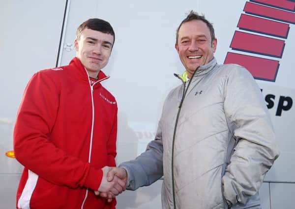 Oliver Clarke is welcomed to Hillspeed by principal Richard Ollerenshaw. (PHOTO BY: Jakob Ebrey)