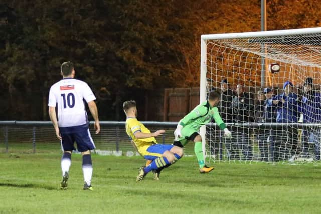 Picture Jez Tighe, Football, The FA Trophy 19-20 First Qualifying Round, Carlton Town v Matlock Town, Bill Stokeld Stadium, Gedling, UK, 30/10/19, K.O 19-45 pm

Matlock Town striker Luke Hinsley (9) scores their second goal of the game