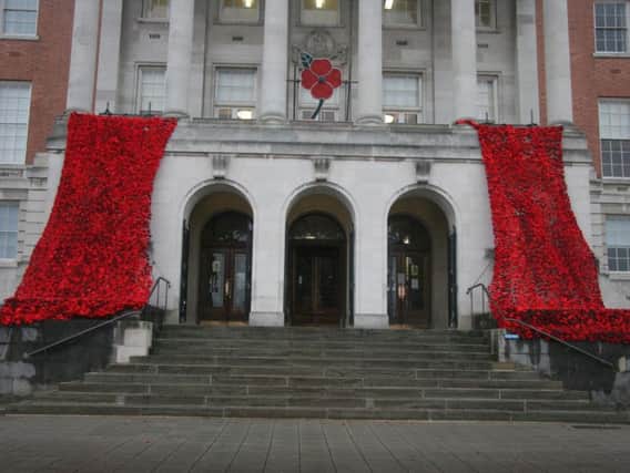The poppy cascade at Chesterfield Town Hall. Pictures by Rebecca Havercroft.