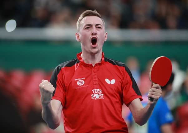 Liam Pitchford celebrates England's win. Pic credit: Remy Gros (ITTF).