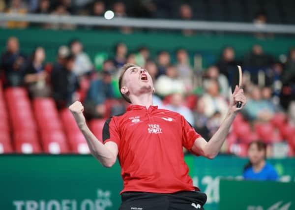 Liam Pitchford celebrates. Pic credit: Remy Gros (ITTF).