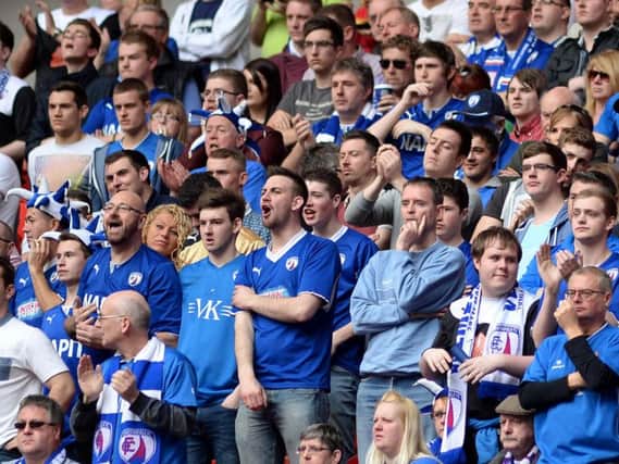 Spireites fans travel up and down the country in big numbers. Here Town fans are pictured at Wembley in the 2014 JPT final vs Peterborough United.