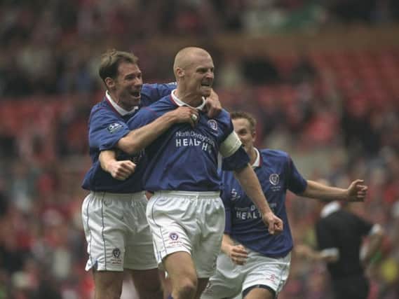 Sean Dyche celebrates his 1997 FA Cup semi-final goal against Middlesbrough at Old Trafford. Picture: Clive Brunskill /Allsport