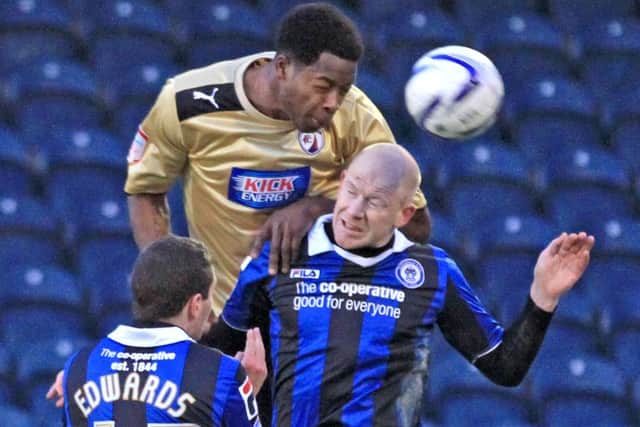 Neal Trotman heads the ball forward by Tina Jenner Rochdale v Chesterfield