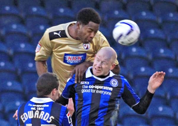 Neal Trotman heads the ball forward by Tina Jenner Rochdale v Chesterfield