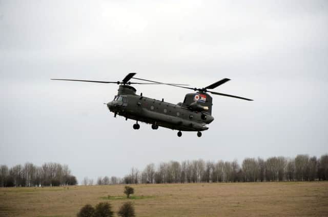 An RAF Chinook helicopter over Salisbury Plain, Wiltshire.