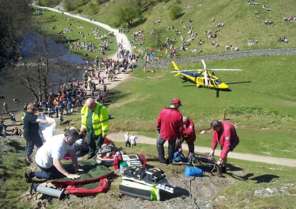 Derby Mountain rescuers were called to Dovedale after the youngster fell down a steep, rocky slope at the foot of Thorpe Cloud.
