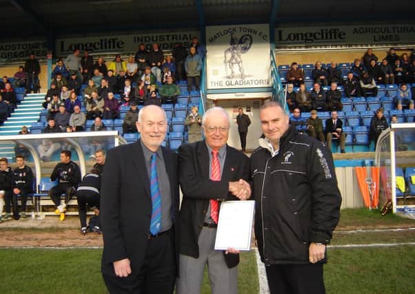 Pictured, from left to right, Matlock Town Chairman Tom Wright, League Respect Manager Phil Brasdley and Matlock Town Manager Mark Atkins during a presentation of the NPL Fair Play Award for October 2013 to Matlock.