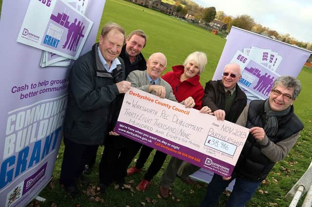 Pictured on Wirksworth's Recreation Ground (left to right) John Thompson, Cricket Club, Steve Maskrey, Chair of Recreation Ground Trustees, Harold Allsobrook, Bowls Club, Councillor Irene Ratcliffe, Paul Ogdon, Chair of Bowls Club, and Paul Smith, Derbyshire County Council Deputy Cabinet Member for Health and Communities.
