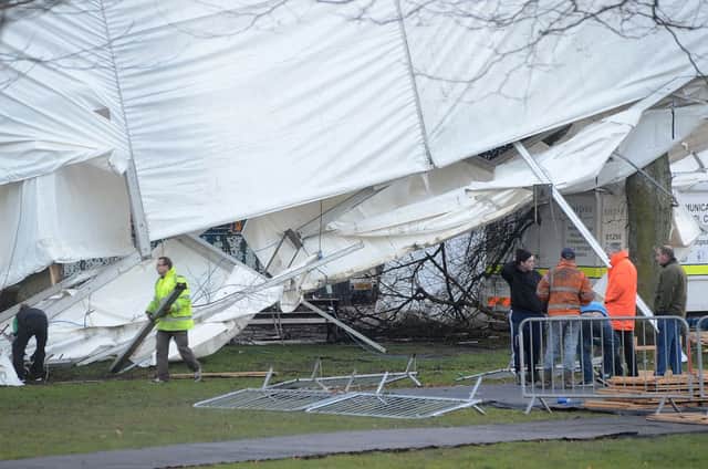 Wind, the large rigid framed marquee that broke loose from its base in Hall Leys Park, Matlock