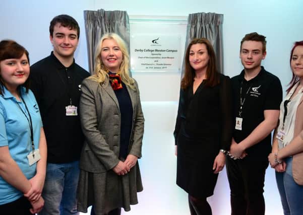From left to right: Amy Payne and Edward Holwell, child care students; Derby College chief executive Mandie Stravino, Head of Ilkeston campus Helen Jefferson; hospitality student Jack Eyley and health and social care student Shelby White.