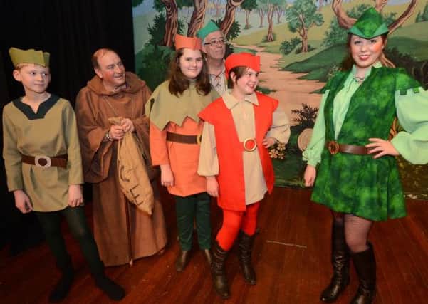 Youlgrave panto, Tess Edmonds as Robin Hood with the merry men, George Walker, Keith Evans, Nichola Milner, Martin Delaney and Amy Shinwell