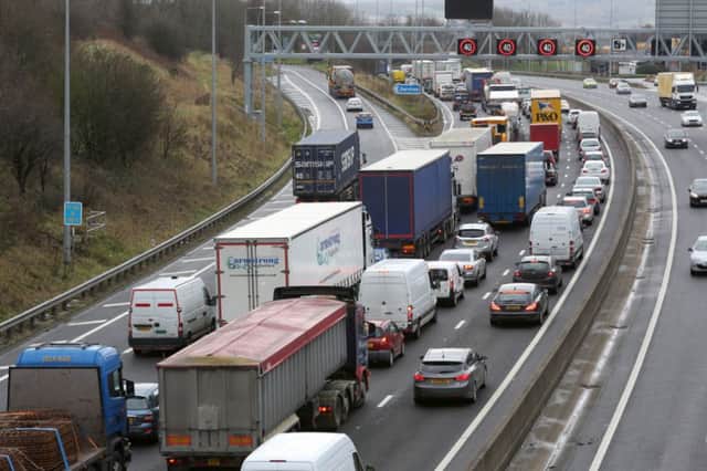 Traffic queues  towards Brighouse caused by a tanker fire, on the westbound M62.
