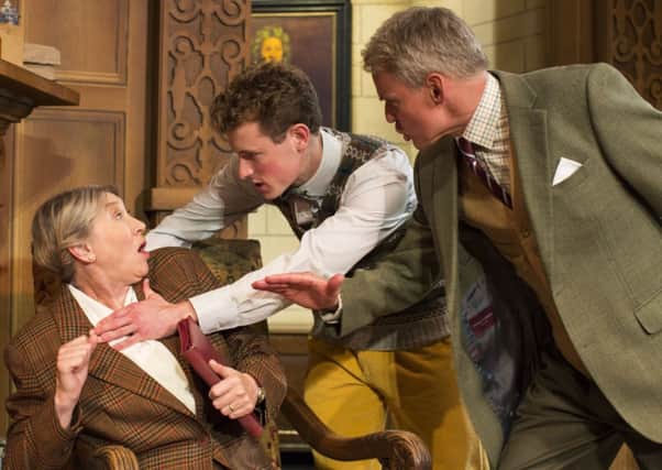 Anne Kavanagh (Mrs Boyle),  Ryan Saunders (Christopher Wren) and  Christopher Gilling (Major Metcalf) in The Mousetrap