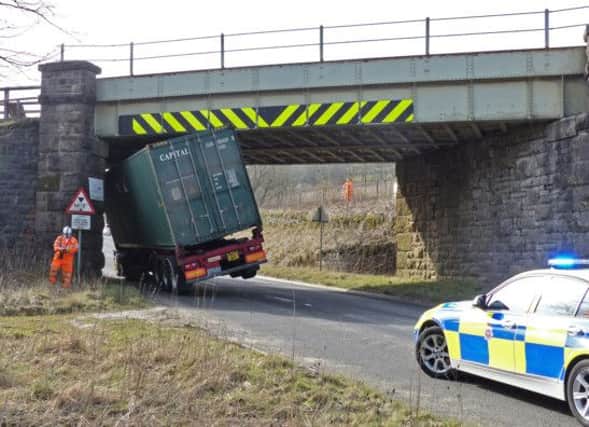 The latest truck to fall foul of the railway bridge at Hindlow, near King Sterndale on Thursday. Photo contributed.