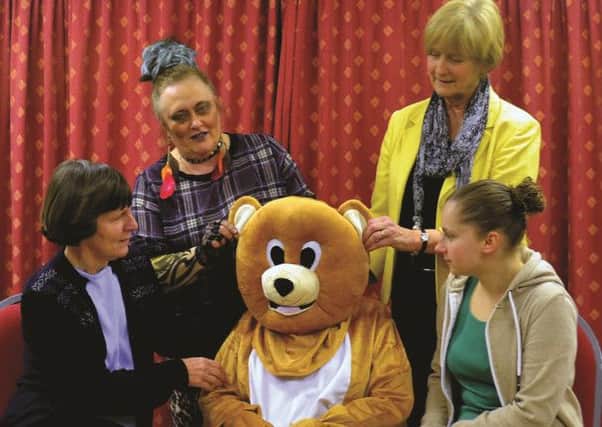 Ruth Higginbottom, Heather Beresford, Linda Robbins and Jenna Gordon - and the teddy is Rosalie  Hoskin in Chesterfield Theatre Company's produciton of Curtain Up at the Rose Theatre, Chesterfield