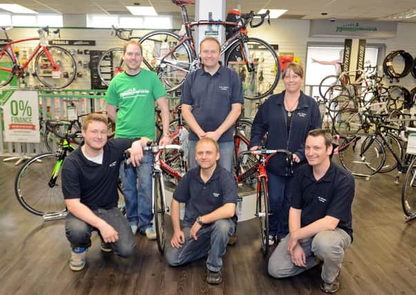 JE James Cycles Chesterfield. Back row: Dean Poole, Mick Barr, Shirley Bailes, and Front row: Ben Laver, Steve Hibberson and Andy Keeton.