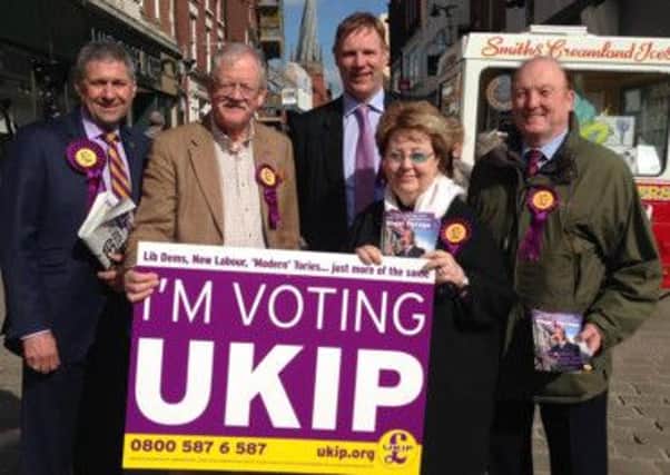 Pictured is East Midlands UKIP MEP Roger Helmer, second left, with party members Jonathan Bullock, Nigel Wickens, Margot Parker and Barry Mahoney in Chesterfield.